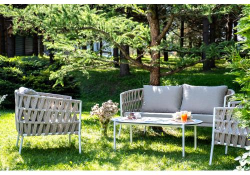  "Диего" лаунж-зона 4-местная плетеная из роупа (веревки), каркас алюминиевый белый, роуп бежевый, фото 2 