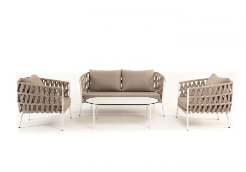  "Диего" лаунж-зона 4-местная плетеная из роупа (веревки), каркас алюминиевый белый, роуп бежевый, фото 20 