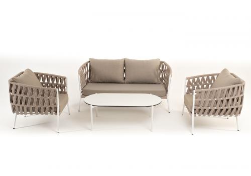  "Диего" лаунж-зона 4-местная плетеная из роупа (веревки), каркас алюминиевый белый, роуп бежевый, фото 21 