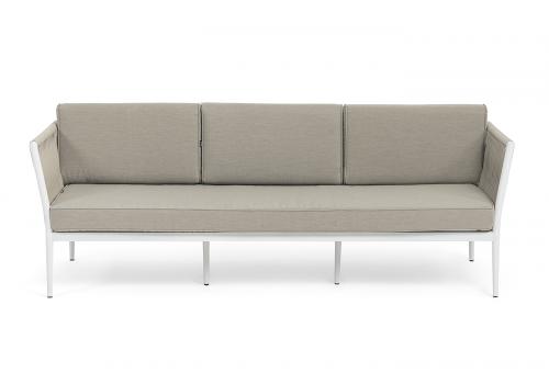 "Касабланка" диван 3-местный плетеный из роупа, каркас алюминий белый муар, роуп бежевый 20мм, ткань бежевая 052, фото 2 