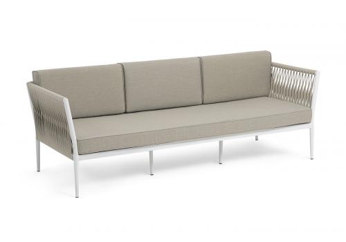  "Касабланка" диван 3-местный плетеный из роупа, каркас алюминий белый муар, роуп бежевый 20мм, ткань бежевая 052, фото 3 