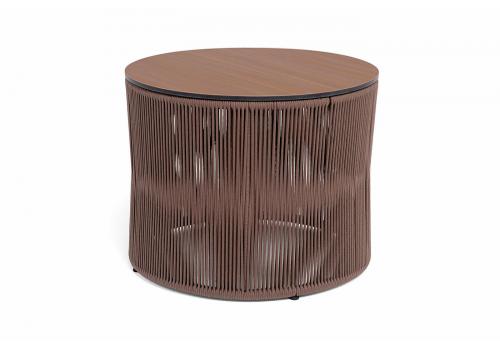  "Авиньон" журнальный стол из HPL круглый Ø70 H55, каркас из алюминия коричневый (RAL8016) муар, цвет "дуб", роуп коричневый круглый, фото 1 