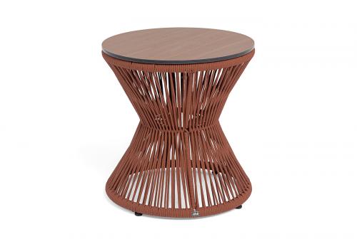  "Мадрид" журнальный стол из HPL круглый Ø50 H55, каркас из алюминия коричневый (RAL8016) муар, цвет "дуб", роуп красный (8372) круглый tex, фото 1 