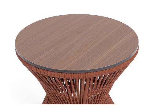  "Мадрид" журнальный стол из HPL круглый Ø50 H55, каркас из алюминия коричневый (RAL8016) муар, цвет "дуб", роуп красный (8372) круглый tex, фото 2 