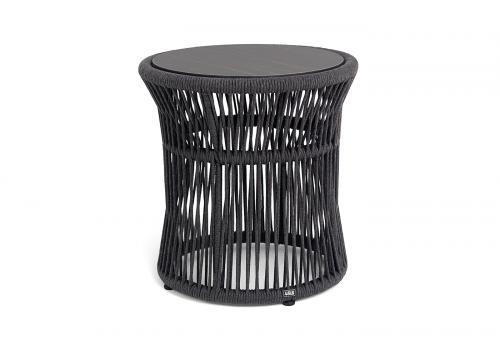  "Романо" журнальный стол из HPL круглый Ø45 H47, каркас из алюминия черный муар, цвет "черный мрамор", роуп темно серый круглый, фото 1 