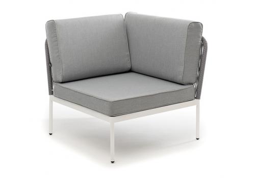  "Канны" угловой модуль плетеный из роупа, каркас алюминий белый муар, роуп светло-серый круглый, ткань светло-серая, фото 1 